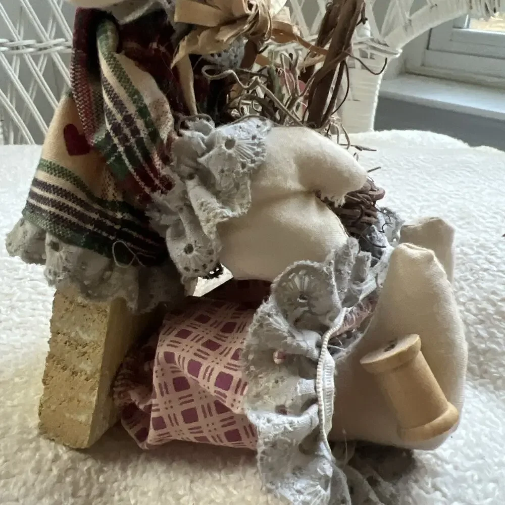 Vtg Primitive Fabric Bunny Doll Wood Block Base Sitter Country Folk Art 8”